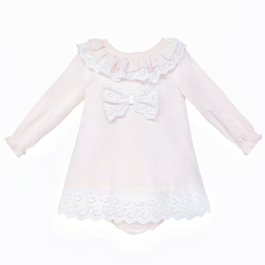 Wee Me Pink Cotton Lace Bow Dress with Pants
