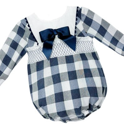 Wee Me Navy Checked Smocked Romper