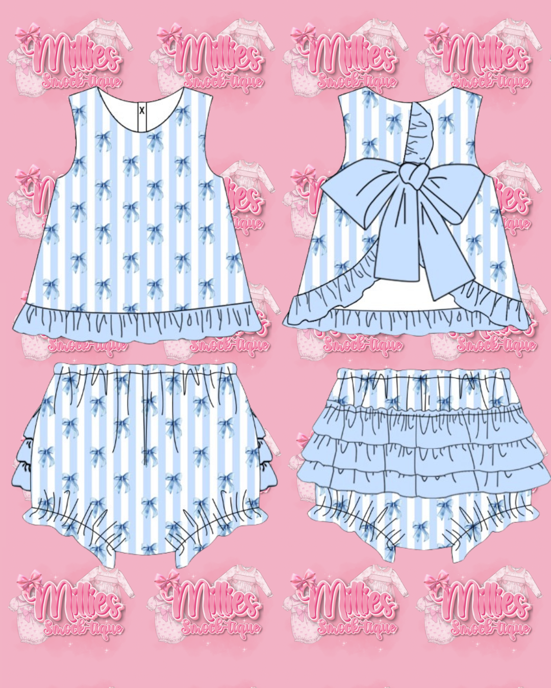 Blue Stripe Bow Open Back Set